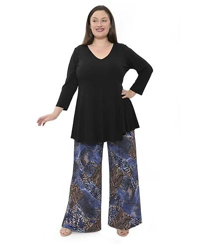 24seven Comfort Apparel Plus Animal Print V Neck Long Sleeve Swing Tunic Top and Pant Set