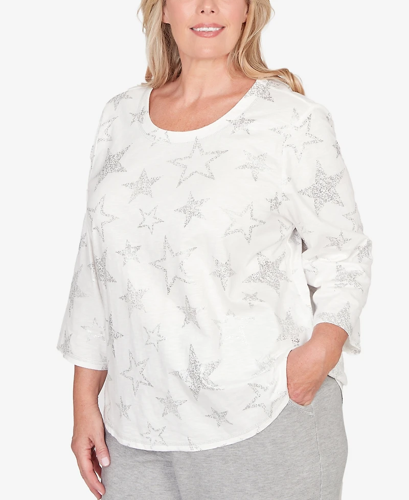 Alfred Dunner Plus Comfort & Joy Star Print Crew Neck Top