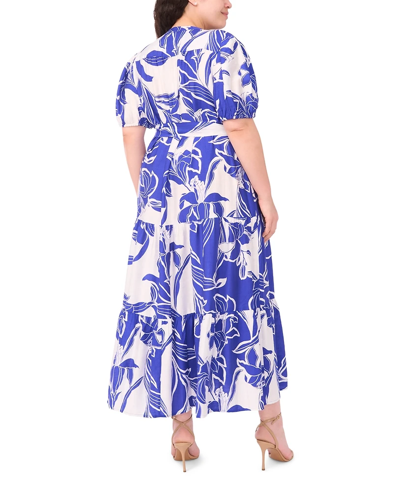 Msk Plus Short-Sleeve Printed Tiered Maxi Shirtdress