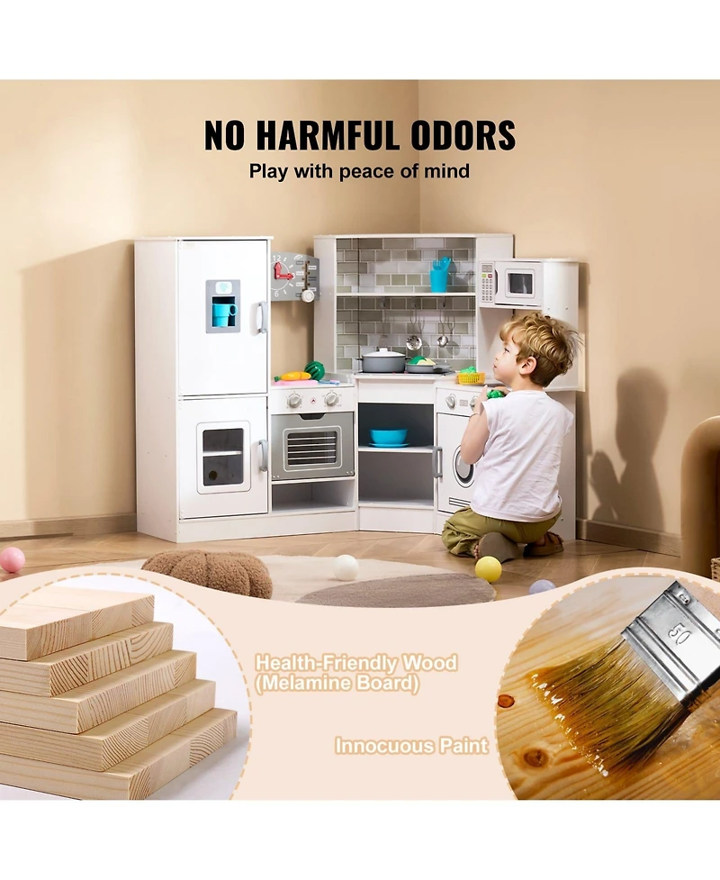 Mecale Corner Wooden Play Kitchen, Toy Set with Lights & Sounds, Ice Maker, Oven, Sink, Clock, Microwave, Fridge & Accessories