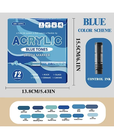 Htutwoo 12 Colors Blue Series Art Markers, Soft Brush Pens Set Quick-Drying and Waterproof for Sketching, Canvas, Rock, Glass and Diy Crafts