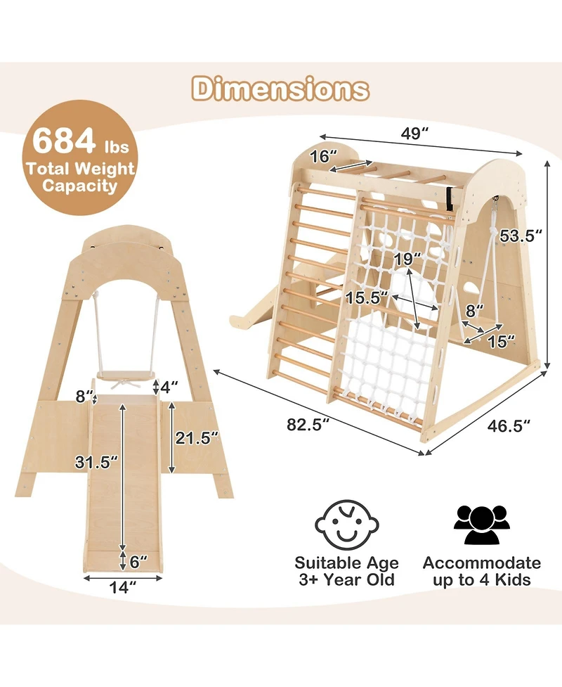 Skonyon 8-in-1 Indoor Wooden Jungle Gym Playground with Swing and Climbing Wall – Natural