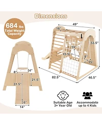Skonyon 8-in-1 Indoor Wooden Jungle Gym Playground with Swing and Climbing Wall – Natural