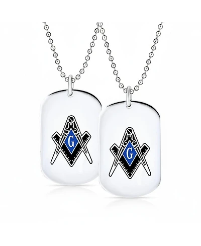 Bling Jewelry Set of 2 Black Blue Freemason Compass Masonic Dog Tag Pendant Necklace Stainless Steel With Bead Chain