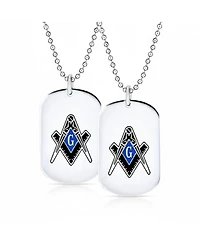 Bling Jewelry Set of 2 Black Blue Freemason Compass Masonic Dog Tag Pendant Necklace Stainless Steel With Bead Chain