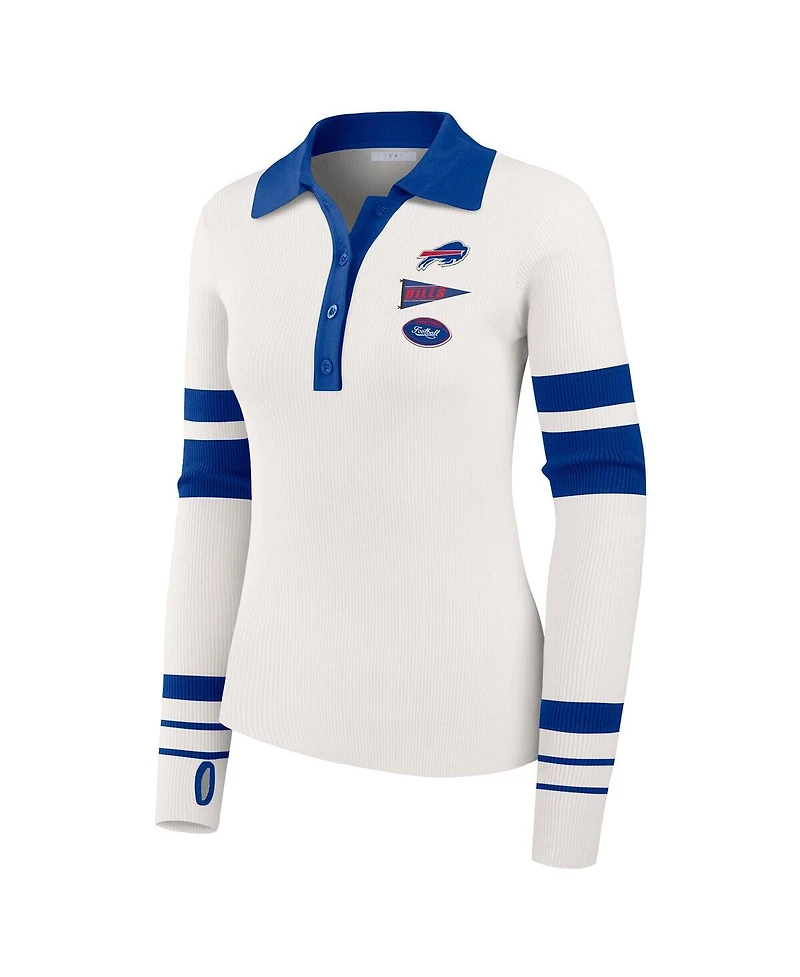 Wear by Erin Andrews Women's White Buffalo Bills Ribbed Henley Polo Sweater