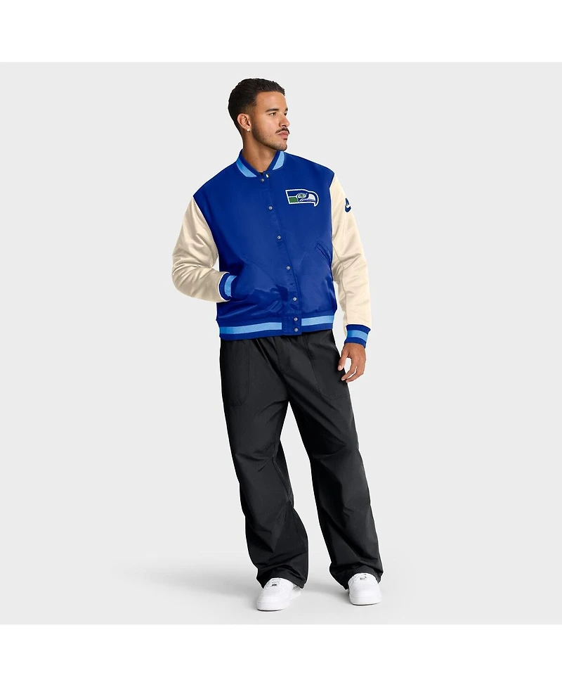 Nike Men's Royal/Cream Seattle Seahawks Rewind Legacy Full-Snap Bomber Jacket