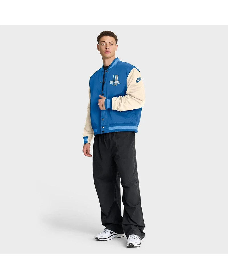 Nike Men's Blue/Cream Detroit Lions Rewind Legacy Full-Snap Bomber Jacket