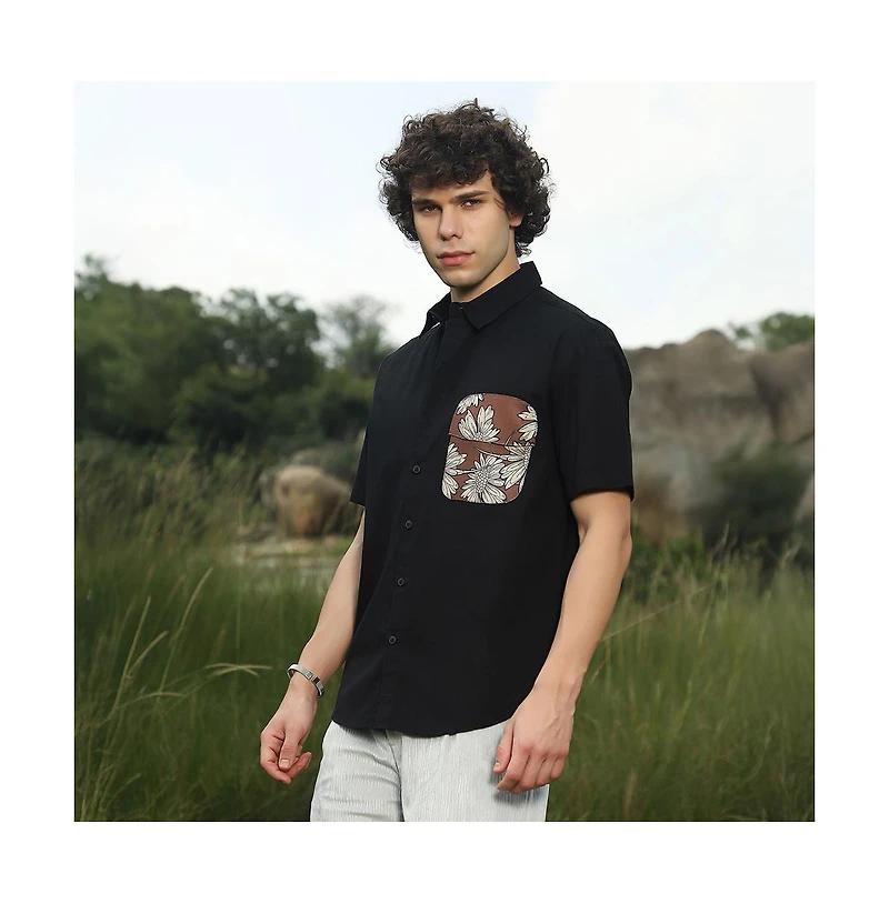 Campus Sutra Men's Chocolate Brown & Obsidian Black Flora-Block Shirt