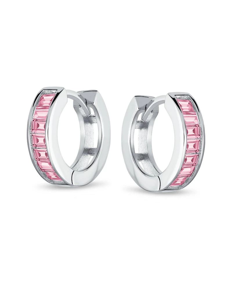 Bling Jewelry Set of 2 Baguette Cut Channel Set Kpop Blue & Pink Cz Huggie Hoop Earrings Sterling Silver