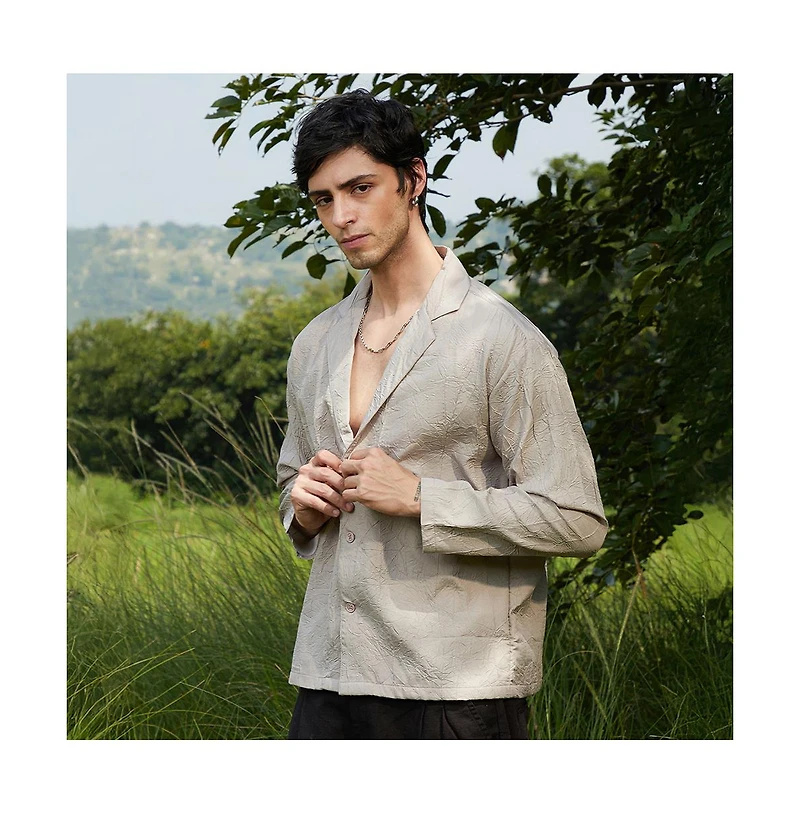 Campus Sutra Men's Ecru Beige Wrinked Korean Oversized Shirt