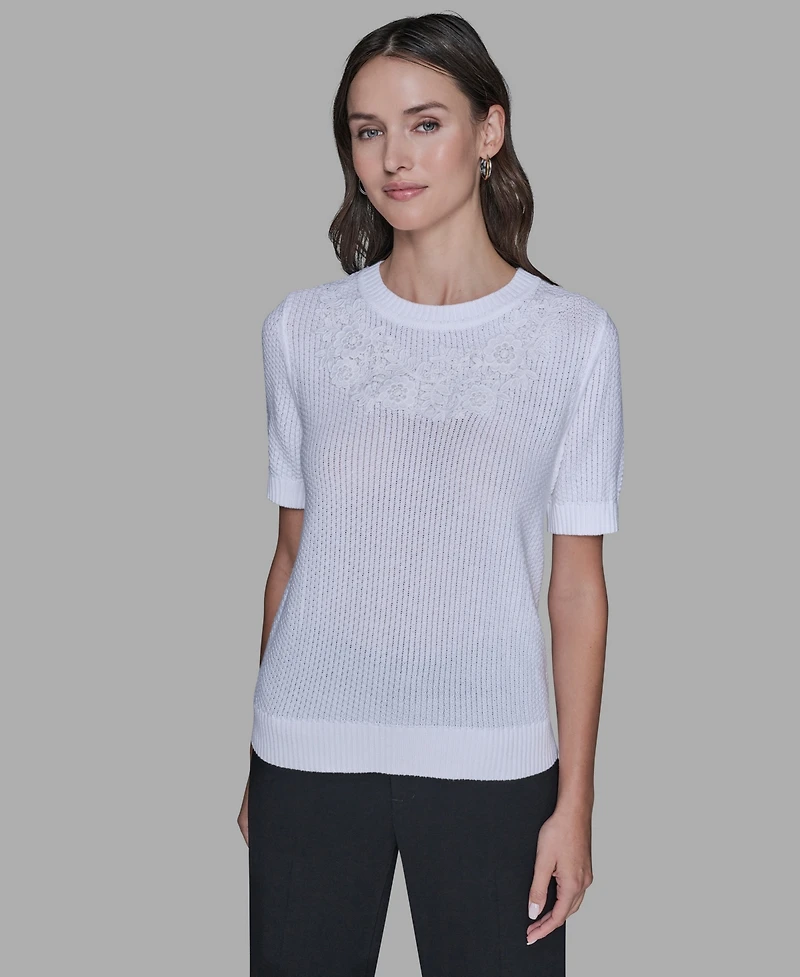 Karl Lagerfeld Paris Women's Crewneck Floral Trimmed Sweater