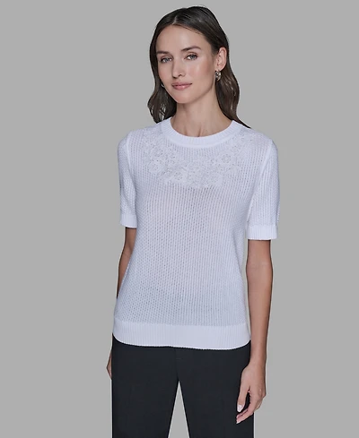 Karl Lagerfeld Paris Women's Crewneck Floral Trimmed Sweater