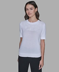 Karl Lagerfeld Paris Women's Crewneck Floral Trimmed Sweater