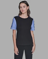Karl Lagerfeld Paris Women's Pinstripe-Sleeve Pull-On Blouse