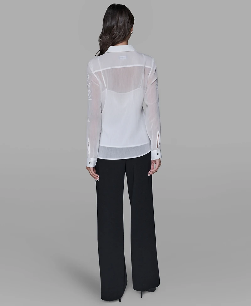 Karl Lagerfeld Paris Women's Long-Sleeve Embroidered Flower Blouse