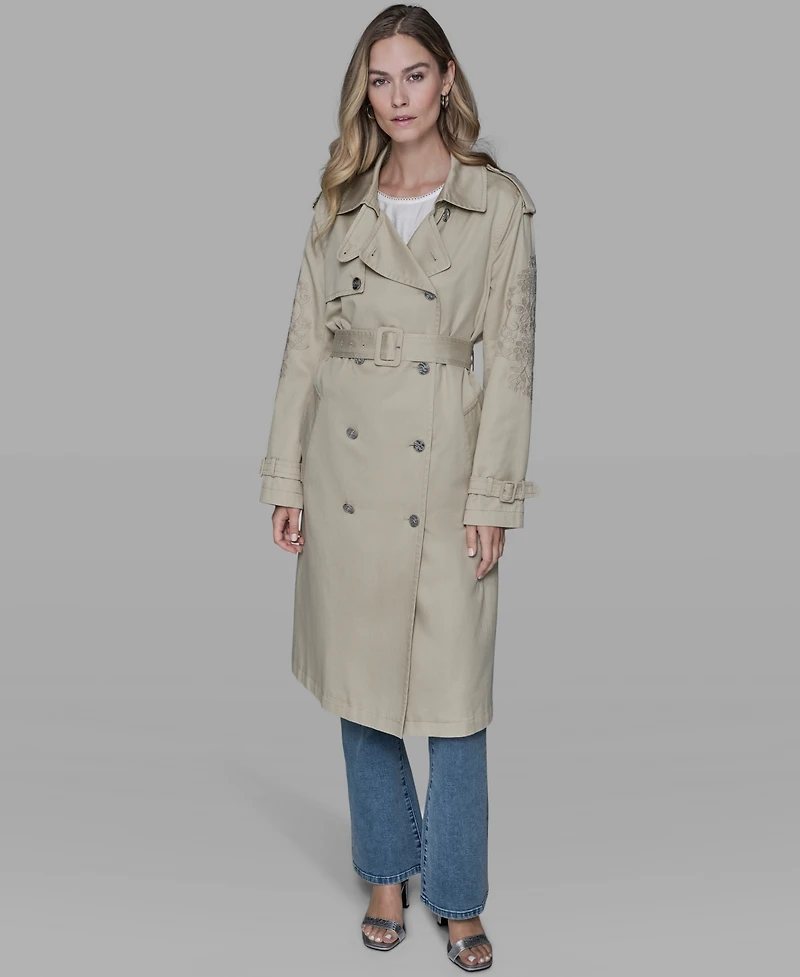 Karl Lagerfeld Paris Women's Embroidered Collar Trench Coat