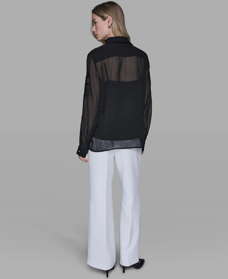 Karl Lagerfeld Paris Women's Long-Sleeve Embroidered Flower Blouse