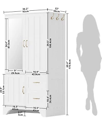 White Wardrobe Closet with Mirror and Doors, Drawers and Shelves, Wooden Armoire Storage Cabinet with Hanging Rod for Bedroom