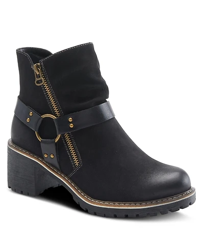 Patrizia Women's Firewood Lug Sole Booties with O-Ring Harness and Faux Fur Lining