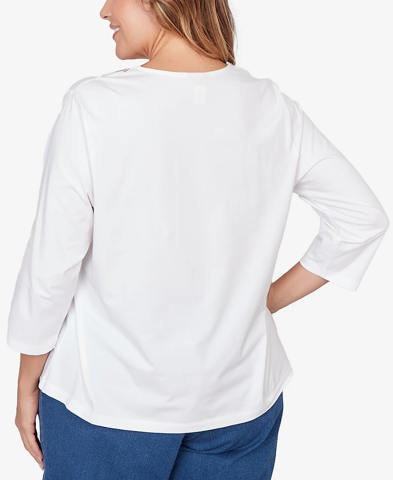 Hearts Of Palm Plus Solid Embellished 3/4 Sleeve Top