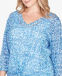 Hearts Of Palm Plus Printed Knit Burnout 3/4 Sleeve V-Neck Top