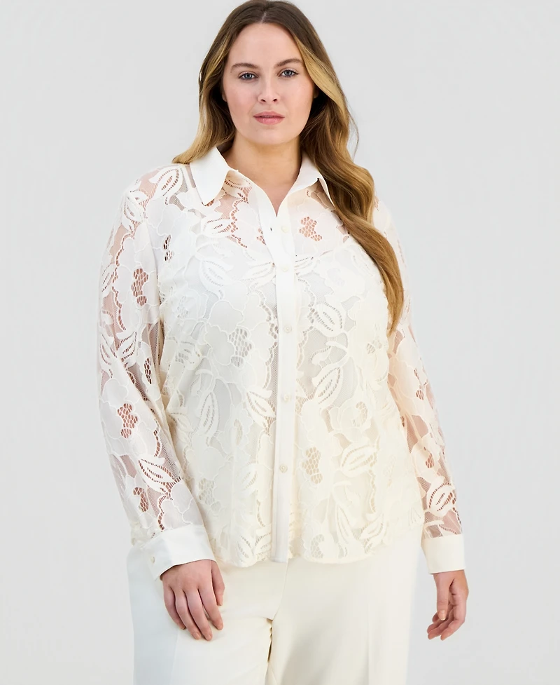 Anne Klein Plus Blossom Lace Button-Down Blouse