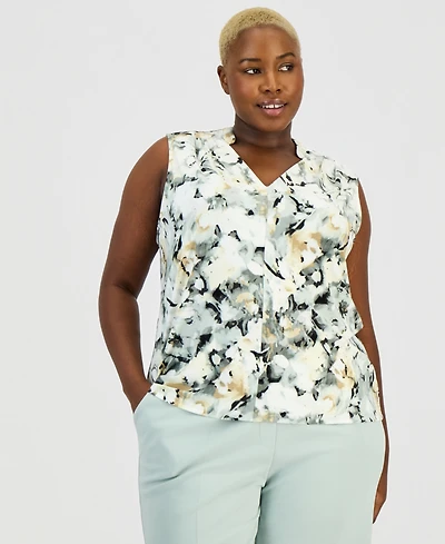 Anne Klein Plus Size Pleated V-Neck Sleeveless Knit Top