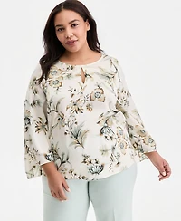 Anne Klein Plus Printed Keyhole-Neck Bell-Sleeve Top