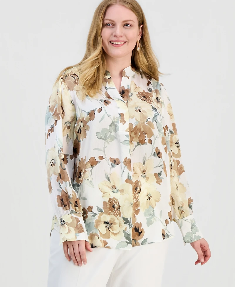 Anne Klein Plus Printed V-Neck Long-Sleeve Blouse