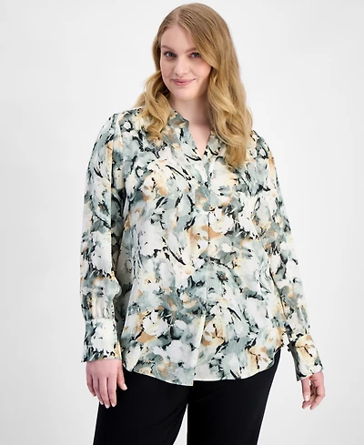 Anne Klein Plus Printed V-Neck Long-Sleeve Blouse