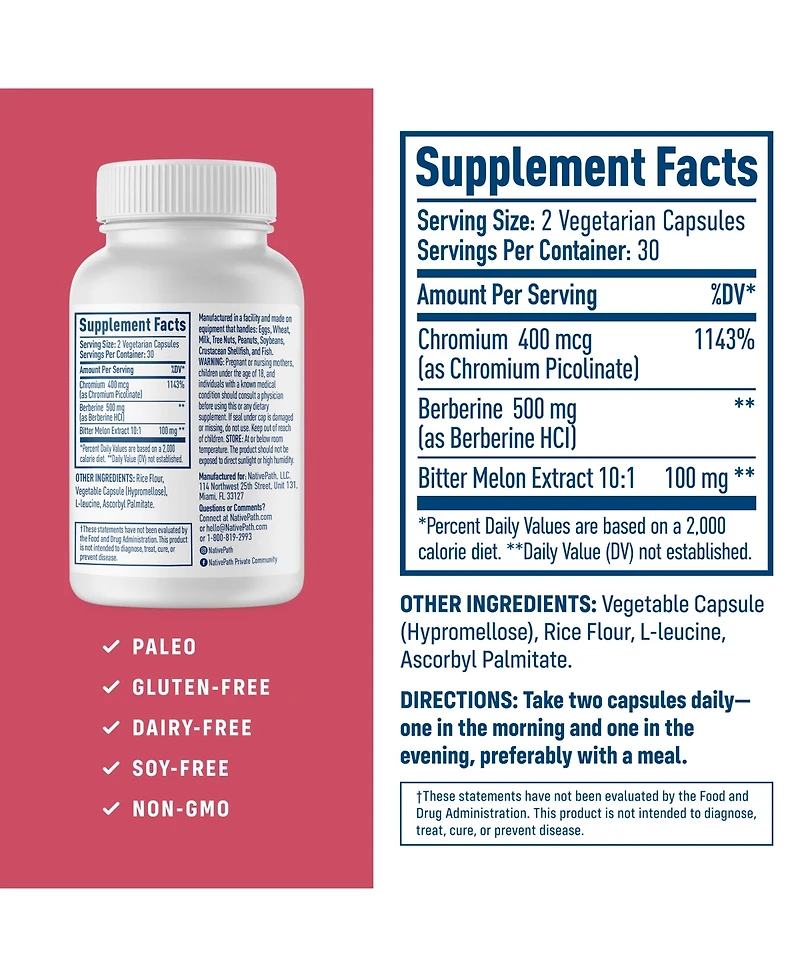 NativePath Native Berberine HCl 3-in-1 Complex with Chromium & Bitter Melon Extract - 500mg Premium Metabolic Support - 60 Capsules