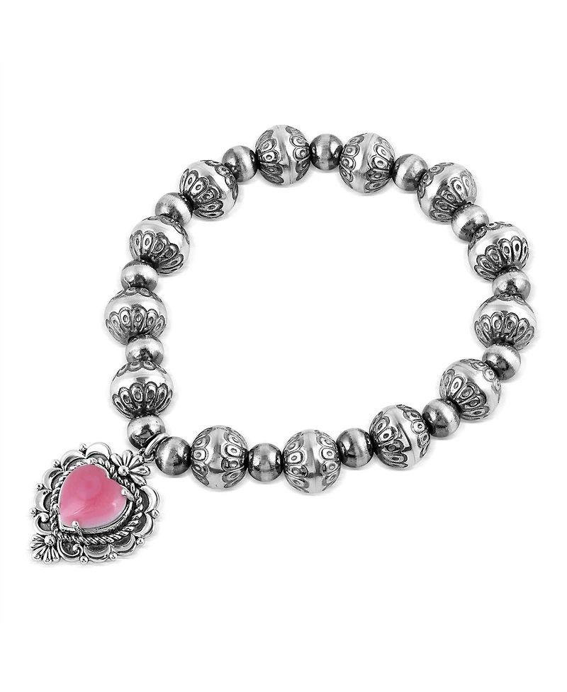 American West Jewelry Sterling Silver Pink Concha Shell Heart Charm Bead Bracelet, Small to Medium