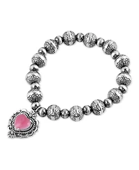 American West Jewelry Sterling Silver Pink Concha Shell Heart Charm Bead Bracelet, Small to Medium