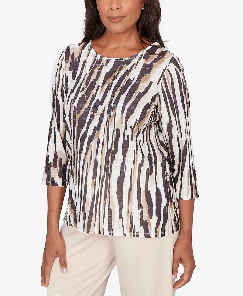 Alfred Dunner Petite Seville Animal Print Pleated Top with Necklace