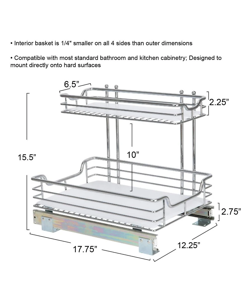 Household Essentials Glidez Steel Pull-Out Storage Organizer with Plastic Liners, 2-Tier Design, Chrome