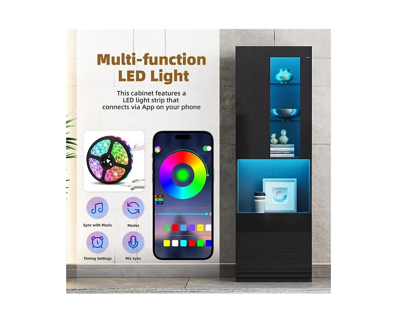 Casainc Storage Cabinet with Led Lights Tall Pantry Acrylic Door and Tempered Glass Shelves