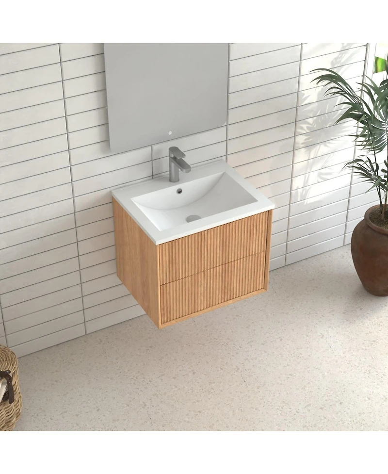 Boyel Living 24'' Floating Bathroom Vanity Set, Wall Mounted Solid Wood Bathroom Cabinet with 2 Storage Drawers,White Resin Integrated Basin