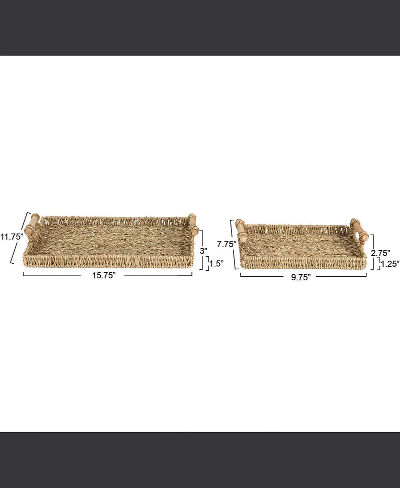 Household Essentials Handwoven Seagrass Rectangular Tray Set with Wood Handles, Natural, of 2