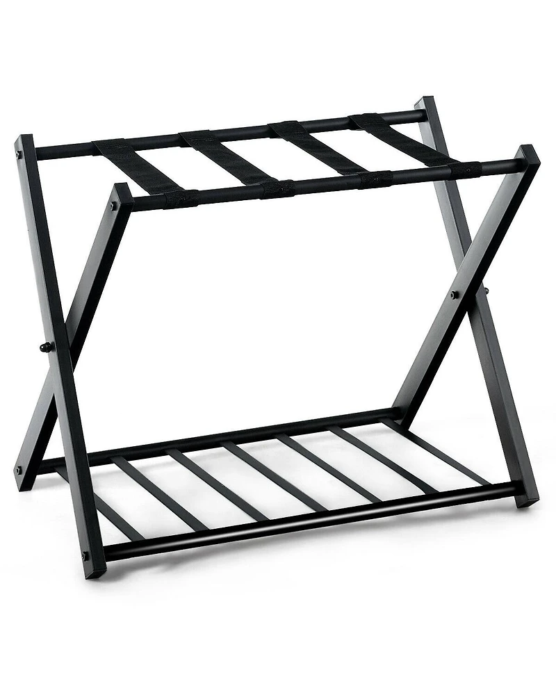 Costway Folding Luggage Rack with Shelf Travel Suitcase Shoe Storage Holder Wood Stand