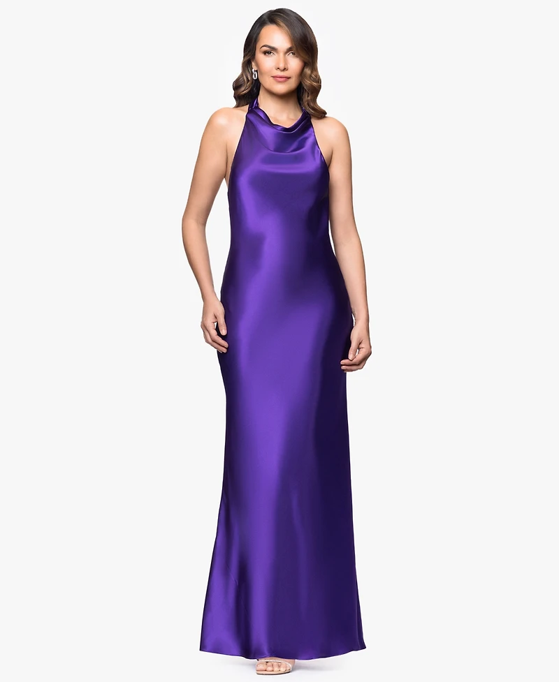 Betsy & Adam Women's Halter-Neck Sleeveless Satin Gown