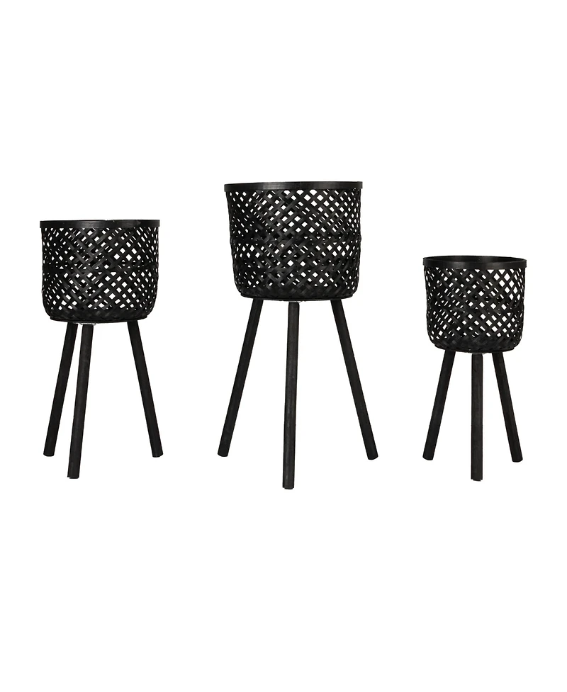 Storied Home Woven Bamboo Baskets with Wooden Legs, Black, Set of 3