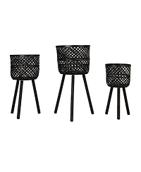 Storied Home Woven Bamboo Baskets with Wooden Legs, Black, Set of 3