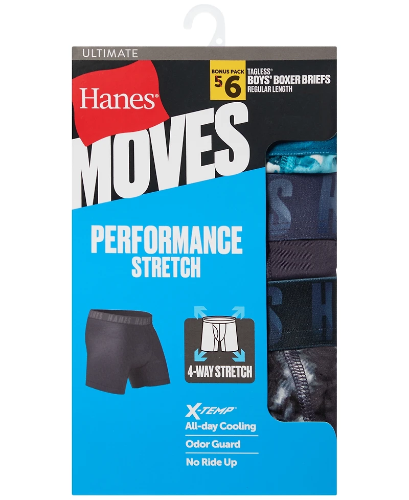 Boys Hanes, 5+1 Bonus Pack, Underwear Boxer Briefs, Moves Ultimate Performance Stretch, Solids/Camo Prints