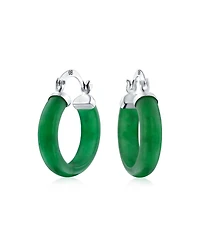 Bling Jewelry Italian Horn Green Narutal Jade Pendant Necklace and Tube Hoop Earrings Jewelry Set Sterling Silver