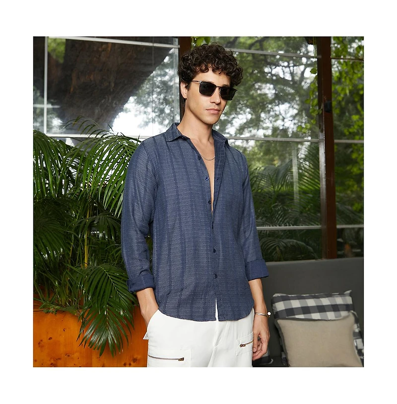 Campus Sutra Men's Contrast-Weave Relaxed Shirt