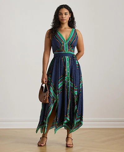 Lauren Ralph Plus Belted Polka-Dot V-Neck Dress