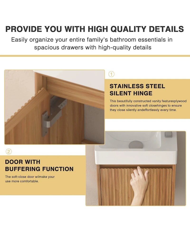 Boyel Living 16" Wall-Mounted Bathroom Vanity, Acacia Wood with White Resin Basin & Soft-Close Door