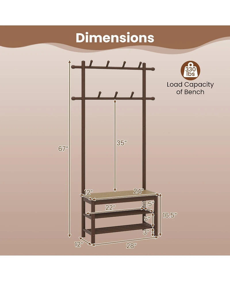 Costway Bamboo Coat Rack with Bench Shoe Storage 2 Hanging Rods 11 Hooks Shelves