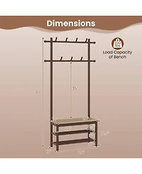 Costway Bamboo Coat Rack with Bench Shoe Storage 2 Hanging Rods 11 Hooks Shelves
